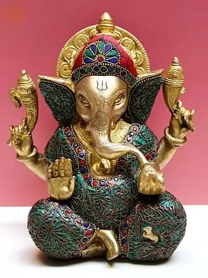 8" Brass Lord Ganesha with Inlay work