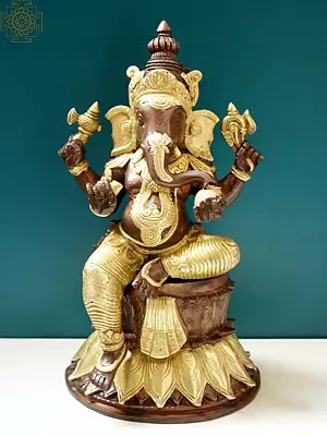 14" Lord Ganesha Seated on Lotus Design Pedestal