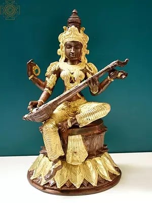 13" Goddess Saraswati Seated on Lotus Design Pedestal