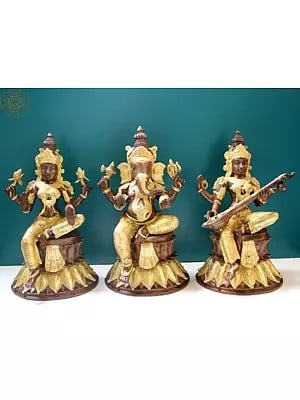 14" Lakshmi Ganesha Saraswati Seated on Lotus Design Pedestal Set In Brass