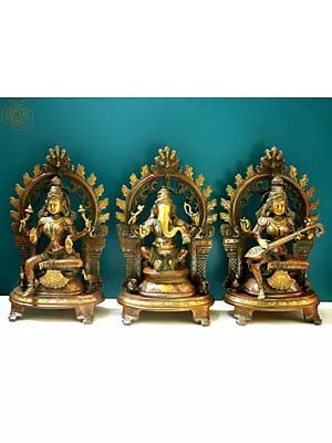 11" Lakshmi Ganesha Saraswati Seated on Pedestal Set In Brass