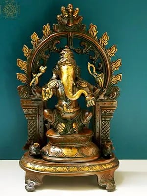11" Blessing Lord Ganesha with Kirtimukha Prabhavali In Brass