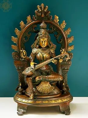11" Goddess Saraswati with Kirtimukha Prabhavali In Brass