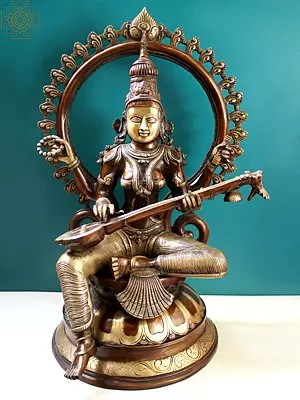 27" Brass Goddess Saraswati Seated on Pedestal