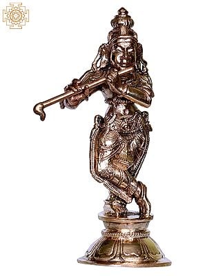 4'' Small Hindu God Shri Krishna Playing Flute | Bronze Statue