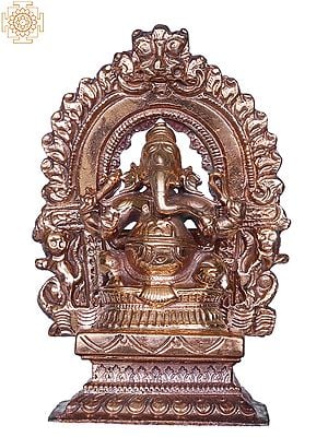 3'' Lord Ganesha Seated On Pedestal With Arch | Bronze Statue