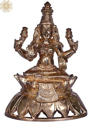 6'' Hindu Deity Four Handed Lakshmi Idol Seated on Lotus | Bronze Statue