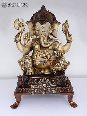 17'' Hindu God Ganesha Seated On Chowki | Brass Statue