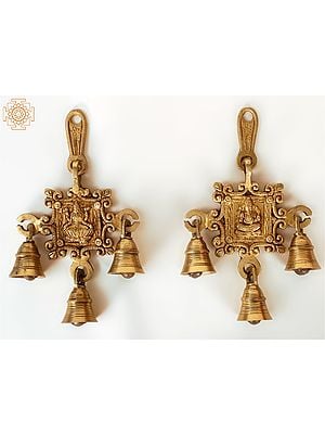 7" Brass Pair of Ganesha Lakshmi Wall Hanging Bells