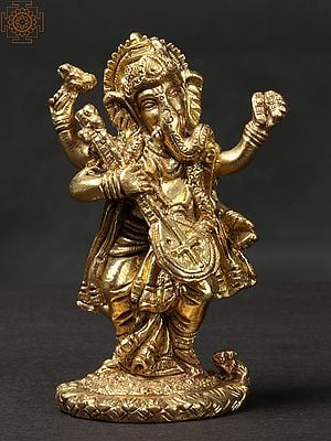 4'' Small Standing Musical Ganesha | Brass Statue