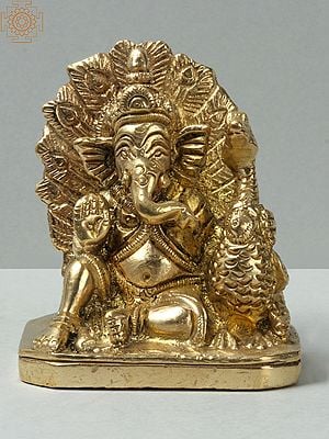 2'' Small Lord Ganesha Seated With Peacock | Brass Statue
