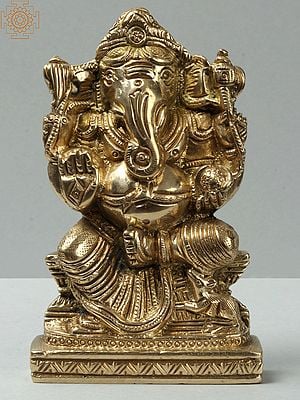 4'' Small Four-Handed Ganesha With Modak | Flat Brass Statue