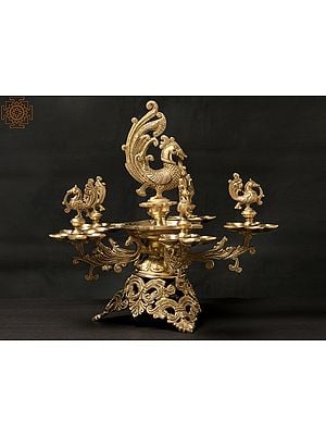 16'' Five-Wicks Peacock Lamp | Brass