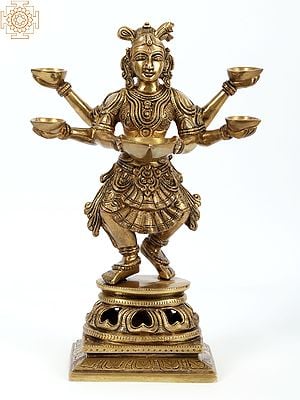 14'' Standing Goddess Deep Lakshmi (Paavai Vilakku) With Multiple Wicks | Brass