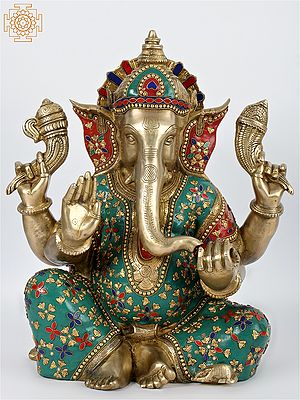 19'' Seated Ganesha With Colorful Stone Work | Brass