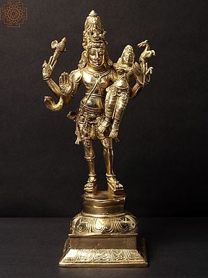12'' Shiva Carrying Sati On Pedestal Statue | Brass