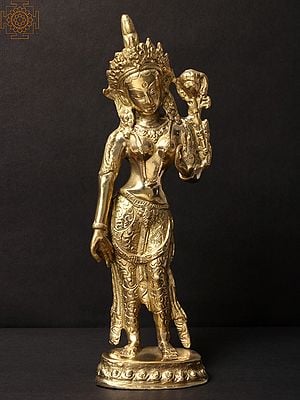 11'' Standing Buddhist Deity Tara With Flower | Brass