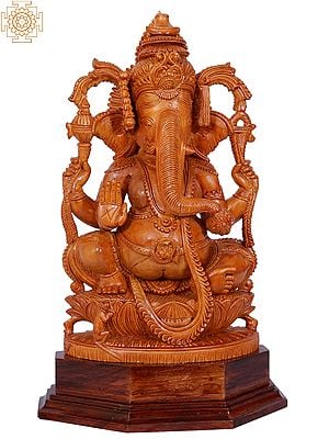 16" Sitting Chaturbhuja Lord Ganesha | White Wood Statue