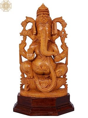 16" Four Armed Lord Ganesha | White Wood Statue
