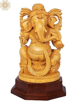 12" Sitting Lord Ganapati White Wood Statue