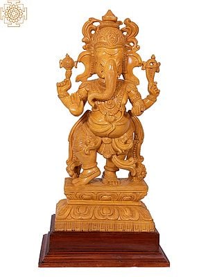 23" Dancing Lord Ganapati White Wood Statue