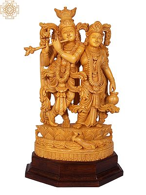 31" Lord Krishna Playing Flute with Radha | White Wood Statue