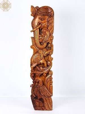 36'' Large Traditional Design Gajanan (Ganesha) and Animals | Wooden Panel | Wall Hanging