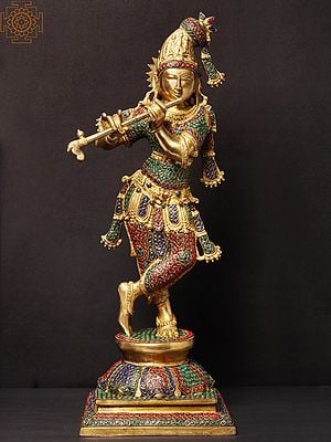 24" Tribhanga Murari Krishna Playing Flute | Brass With Inlay Work