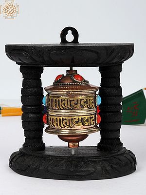 5'' Buddhist Prayer Wheel On Stand With Stone Work | Copper and Wood | Wall Hanging | From Nepal