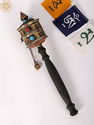 7'' Buddhist Prayer Wheel with Mantra and Stone Work | Copper and Wood | From Nepal