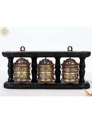 10'' Three Prayer Wheels On Stand With Stone Work | Copper and Wood | Wall Hanging | From Nepal