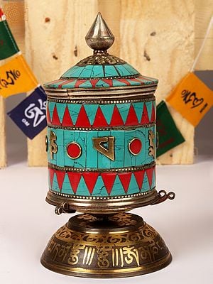 6'' Rotating Prayer Wheel on Base with Inlay Work | Brass with Inlay Work | From Nepal