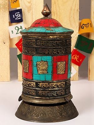 8'' Rotating Prayer Wheel With Mantras and Auspicious Symbols Engraved | Brass With Inlay Work | From Nepal