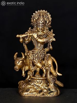 4" Small Lord Venugopal (Krishna) Playing Flute with Cow and Peacock