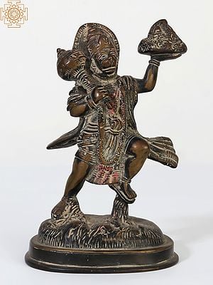 6" Lord Hanuman Carrying Mountain of Sanjeevani Herbs | Brass Statue