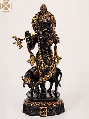 14" Black and Gold Lord Venugopal (Krishna) Playing Flute with Cow | Brass Statue