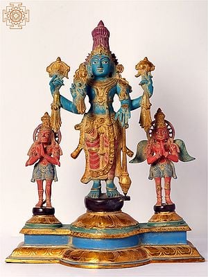 29" Colorful Standing Lord Vishnu with Garuda and Hanuman | Brass Statue