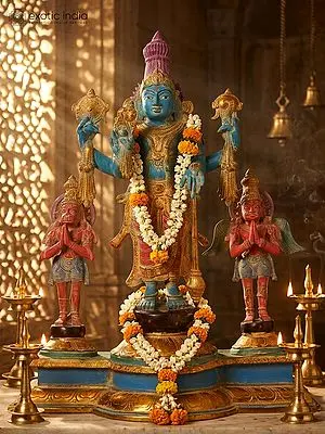 24" Colorful Standing Lord Vishnu Brass Statue with Garuda and Hanuman