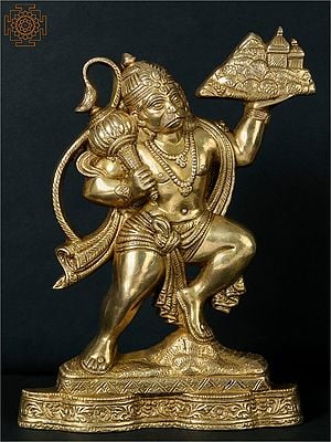 12'' Lord Hanuman Holding the Mountain of Herbs | Brass Wall Hanging Statue
