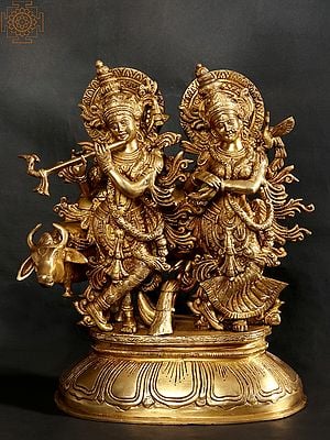 16" Standing Radha Madhav (Krishna) with Cow | Brass Statue