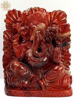 9" Chaturbhuja Lord Ganesha Seated on Lotus | Red Jasper Stone Statue