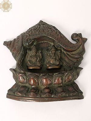 8" Brass Lakshmi Ganesha Carved In Conch | Wall Hanging Idols