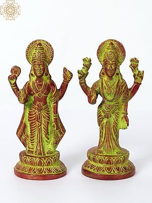 8" Brass Lord Vishnu with Goddess Lakshmi Statue