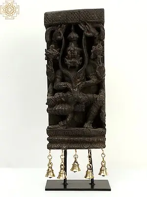 19" Wooden Carved Lord Narasimha with Dangling Bells in Brass