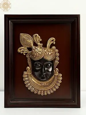 15" Brass Shrinath ji Face in Wooden Frame | Wall Hanging