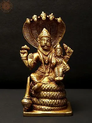 5" Small Narasimha Idol with Devi Lakshmi Seated on Sheshnag | Brass Statue