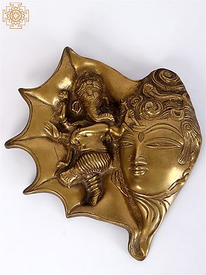 8" Brass Lord Ganesha and Shiva on Conch Shape Wall Hanging