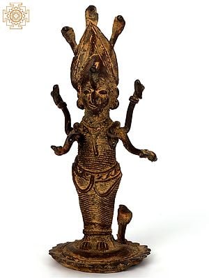 4" Small Snakes Goddess Manasa Devi Idol | Tribal Brass Statue