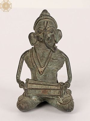 3" Small Tribal Musical Ganesha Brass Statue Playing Dholak