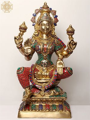 29" Four Armed Sitting Devi Lakshmi Statue | Brass with Inlay Work
